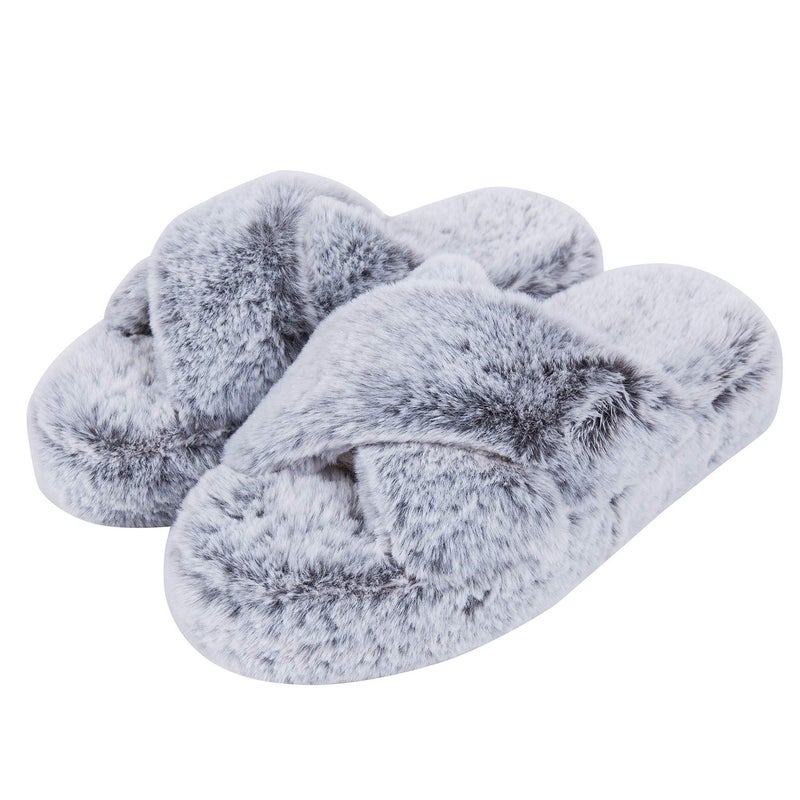 DL Fluffy Womens Cross Band Open Toe Soft Plush Fleece Bedroom Slippers - Memory Foam Comfy Non-Slip Fuzzy Indoor Slippers - Pink, Gray, Black, White - Image 1